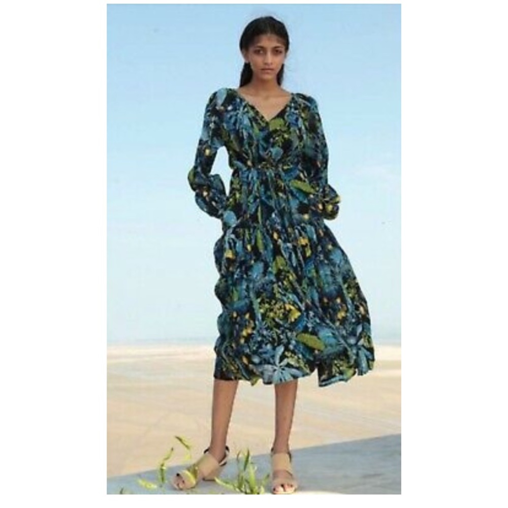 Banjanan black/green/blue floral midi dress XS